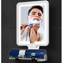 Lighted Shower Mirror Fogless for Shaving, Heated Fog Free Large 9.5*7inch 3 Color Modes Dimming Shower Shaving Mirror with Light, Rechargeable Anti-Fog Shower Mirror with Storage Tray & Razor Holders