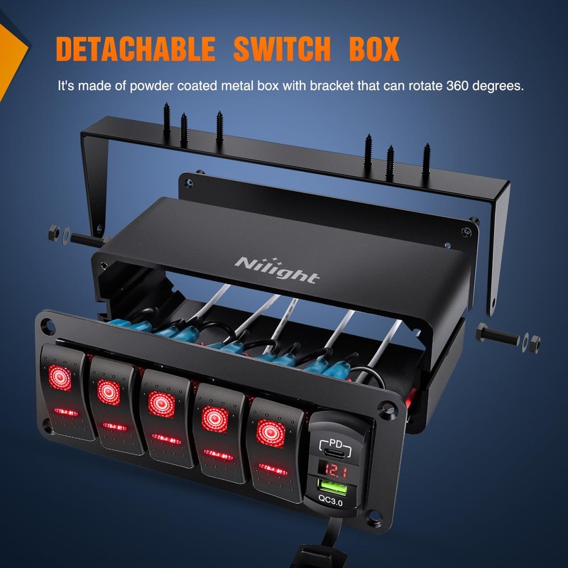 Nilight 5 Gang Rocker Switch Box 12V SPST ON Off