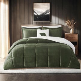 Woolrich Reversible Comforter Set Ultra Soft Plush to Sherpa, Down Alternative, Cold Weather Winter Warm Bedding, with Matching Sham, Decorative Pillow Green/Ivory King 4 Piece