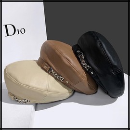 White Fang CZ336 Beret Leather Chain, Simple, Rock Hat, For Going out, Stylish, Elegant, Women's, Black