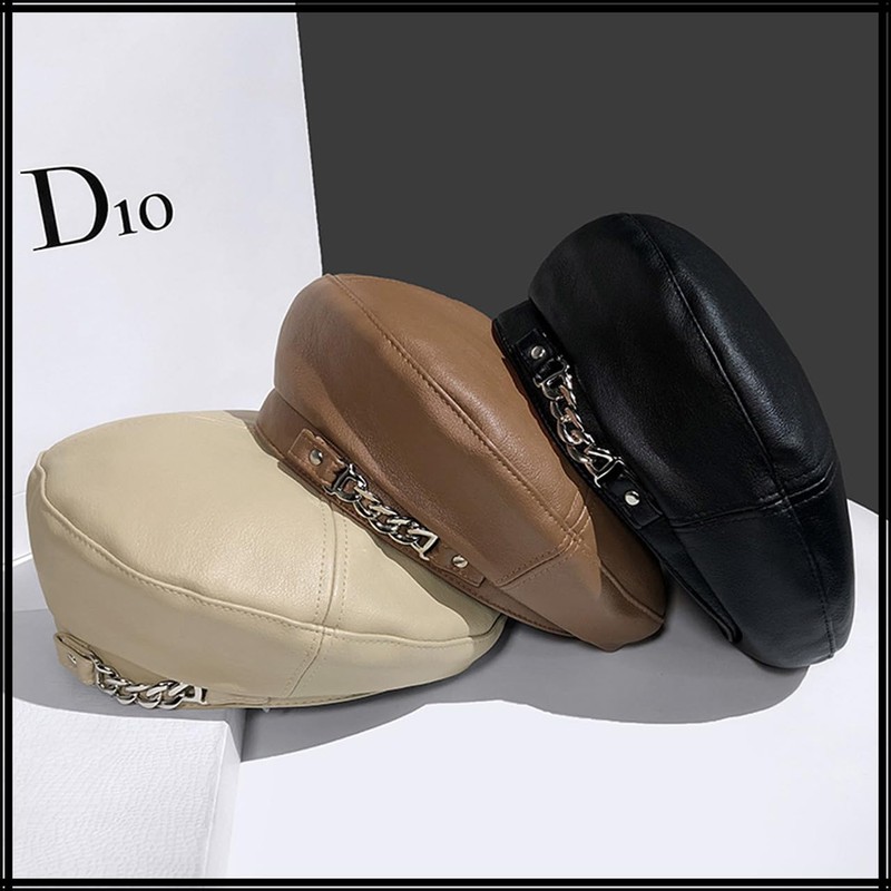 White Fang CZ336 Beret Leather Chain, Simple, Rock Hat, For