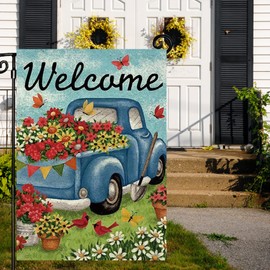 Garden Flags, Welcome Garden Yard Flag, 12x18 Flower Truck Welcome Flags, Vertical Double Sided Burlap Small Garden Decor Flag, Farmhouse Yard Flags for All Season Outdoor Decoration(Only Flag)
