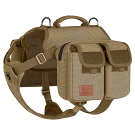 OneTigris Dog Harness with Bag, Hoppy Camper 3.0 Camping Hiking Dog Backpack for Medium/Large Dogs, Backpack for Dog Back, 2 Main Pockets, 4 Side Pockets, Brown M