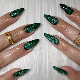 Almond Press on Nails Medium False Nails Marble Fake Nails Green Glue on Nails Glossy Artificial Nails Cute Stick on Nails for Women 24Pcs