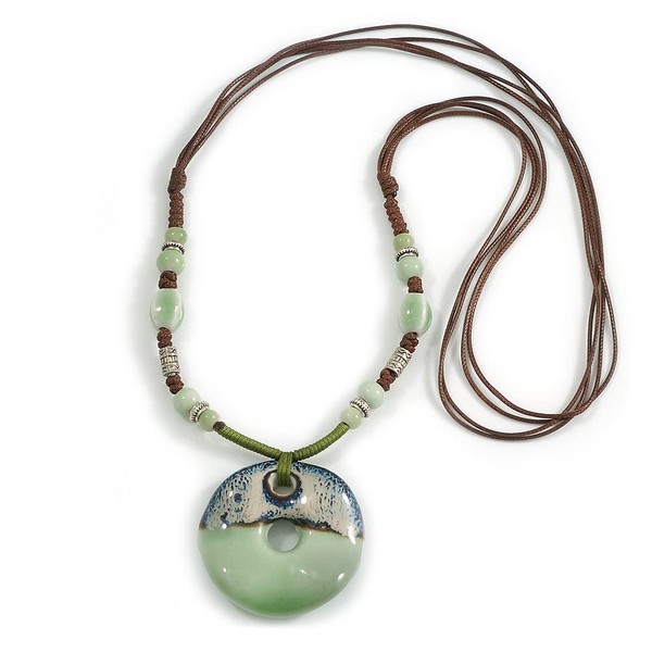 Avalaya Light Green/Blue Ceramic Pendant with Green/Brown Cotton Cords/Slight Variation