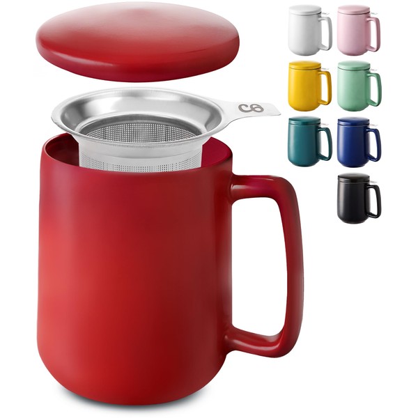 Tea cup with strainer and lid, ceramic red, keeps you warm for a long time, 500 ml, XXL, large, dishwasher safe