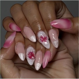 Almond Press on Nails White French Tip Fake Nails Medium False Nails with 3D Red Flower Design Glue on Nails Pink Gradient Full Cover Stick on Nails Ombre Acrylic Nails for Women Manicure 24Pcs