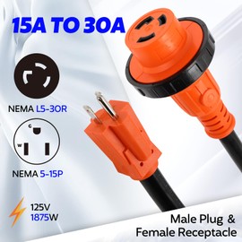 15Amp to 30Amp RV Electrical Adapter, NEMA 5-15P Male to L5-30R Female Receptacle with Twist Lock, 10/3 STW Durable RV Power Adapter with Locking Connector, Orange, ETL Listed, 14.37in