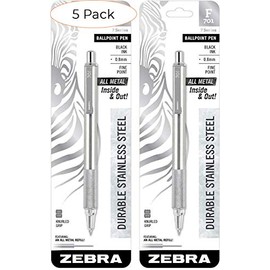 Zebra 29411 F-701 Ballpoint Stainless Steel Retractable Pen, Fine Point, 0.8mm, Black Ink, 2-Count