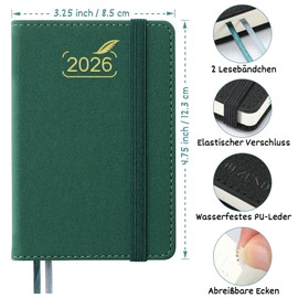 BEZEND Taschenkalender 2026 Klein A7 12 x 8 cm - 2 Tage pro Seite - Mini Terminplaner & Buchkalender 2026 mit PU-Leder Hardcover, Waldgrün