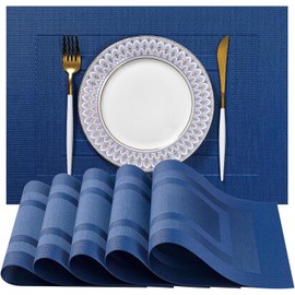 LEXMORE PVC Woven Placemats 6 PCS Wipeable Indoor/Outdoor Table Mats Washable Vinyl Place Mats for Dining Table, Set of 6-Navy Cube