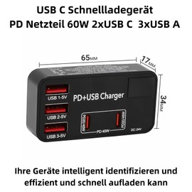 J50CS 65W USB-C Charger, 5-Port Fast Charger with 2X USB-C + 3X USB-A, Compact Multiple Power Supply for Smartphone & Tablet, Portable & Powerful