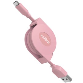LIQUIPEL Powertek USB Type C Cable, Retractable, Fast Charge, Compact Design, 3ft, Pastel Colors (Pink)