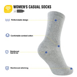 CLOSEMATE Womens Socks Leisure Ladies Calf Length Socks Soft Breathable Teen Girls Casual Crew Socks 5 Pairs(2Black2White1LightGrey, Size M)