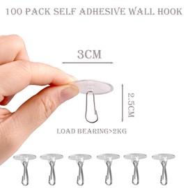 100PCS Command Ceiling Hooks - Transparent Self-Adhesive Waterproof & Removable Sticky Hooks for Kitchen, Bathroom, and Home Organization, 3CM (1.18 Inch)