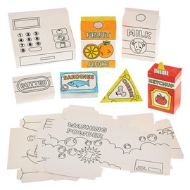 Baker Ross FN089 3D Colour-in Supermarket Shop Items - Pack of 11, Pretend Shop Play Item for Kids, Kids Grocery Store
