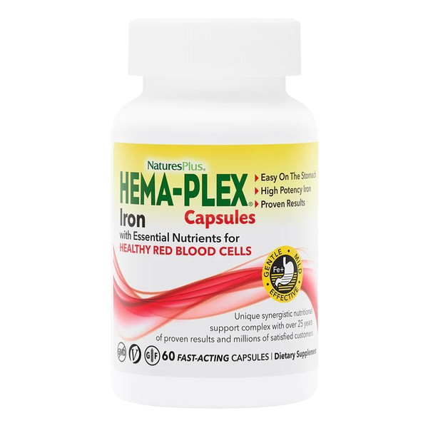 NaturesPlus Hema-Plex Iron - 60 Fast-Acting Vegetarian Capsules - 85 mg Chelated Iron - Total Blood Health - with Vitamin C & Bioflavonoids - Vegan, Gluten Free - 20 Servings