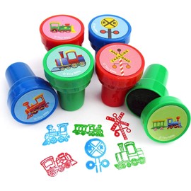 TINYMILLS Train Birthday Party Assortment Favor Set of 108 pcs (12 Large Party Favor Bags with Handles, 24 Stampers, 12 Sticker Sheets, 12 Coloring Books, 48 Crayons)