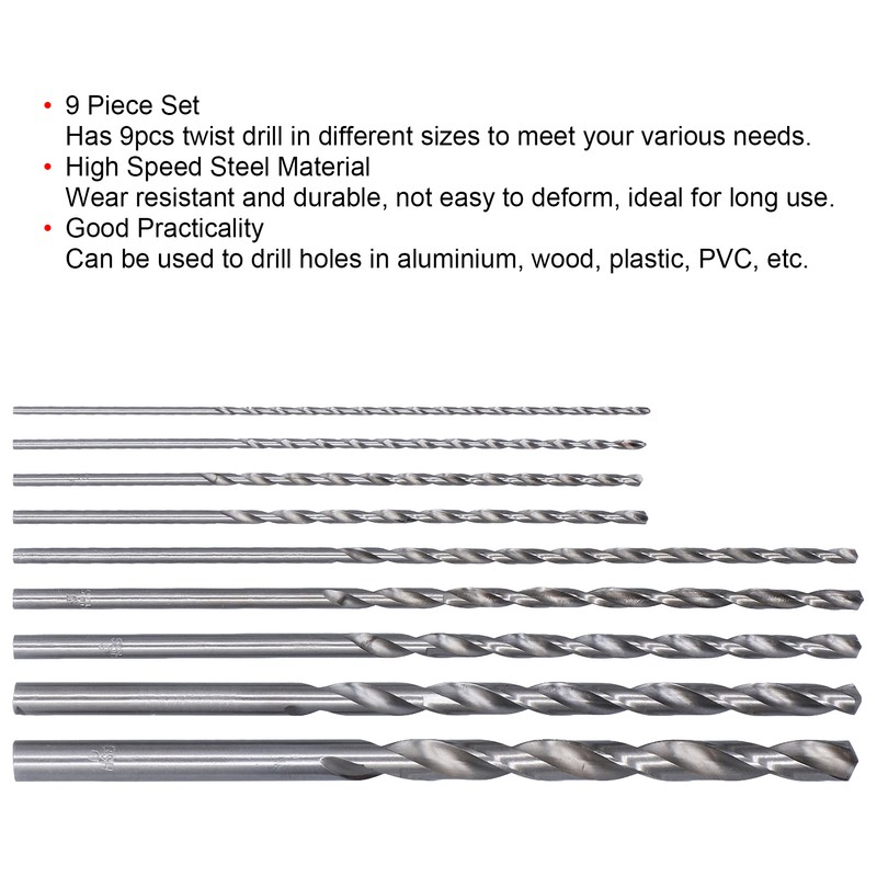 9Pcs Twist Drill Bit Extra Long High Speed Steel Drilling
