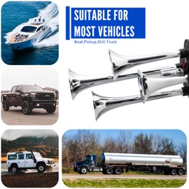 FARBIN Truck Air Horn 178DB 4 Trumpet Train Horn 12V/24V Car Horn for Trucks Super Loud Air Horns with Electric Solenoid Universal for Truck Car Pickup Jeep SUV Train Boat Silver(Silver 4-tube 12/24V)