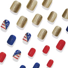 LRKNNO 4th of July Short Press on Nails Square Fake Nails with Gold Glitter Design Glossy Red Blue Independence Day Glue on Nails Star Stripe Full Cover False Nails for Women Reusable Nails Kit 24Pcs