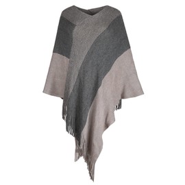 Womens Poncho Sweater V Neck Striped Pullover Soft Scarf Wrap Cape with Fringes Khaki