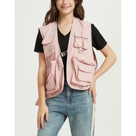 HaoMay Women's Outdoor Fishing Safari Buckle Vest Multi-pocket Photography Vest(Pink, Large)