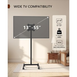 Afaloona Rolling TV Stand for 13-55 Inch TVs up to 44 lbs, Mobile TV Stand on Wheels with Tilt, Portrait to Landscape, Portable TV Cart with Wheels for Bedroom, Office, Outdoor, Max VESA 200×200mm