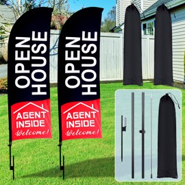 Buryeah 2 Sets 11ft Open House Flags Banners for Real Estate Agents Real Estate Flags with Flagpole Ground Stake Portable Bag Feather Flag Sign Opening Signs Banner for Business Advertising(Black)