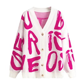 JASCLS Women's Cable Knit Open Front Cardigan V-Neck Button Down Printed Letters Lightweight Oversized Sweater Cardigan for Women