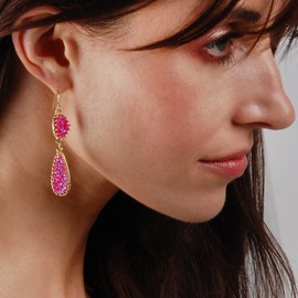 Humble Chic Simulated Druzy Drop Dangles - Long Double Teardrop Dangly Earrings for Women, Gold - Hot Pink Stone