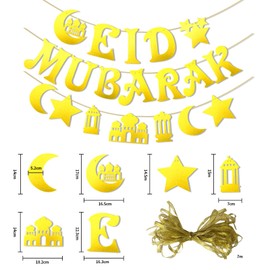 Eid Mubarak Decoration, Eid Mubarak Ramadan Celebration Decoration for Hanging Banner, Muslim Ramadan Party Printed Pull Flag Mubarak Bunting Hanging Banner for Home Wall Door Yard Background Gold