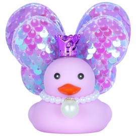 Purple Angle Rubber Duck Car Ornaments with Glitter Wing,Squeaky Duck with Mini Crown,Pearl Necklace Car Dashboard Decorations Party Favors Baby Bath Toy