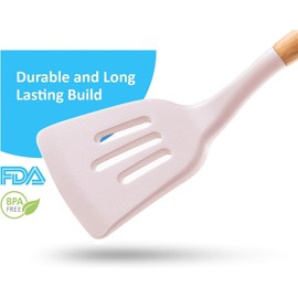 Cookward Silicone Cooking Utensils Set (6 pcs) Natural Wood Kitchen Utensils – Eco Friendly & BPA Free, Non-Scratch & Non-Stick Easy Grip -White