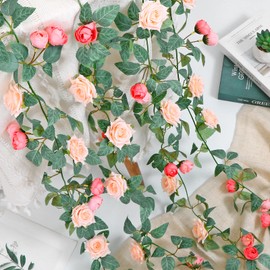 KHOYIME Artificial Flower Garland 2 Pack Fake Pink Roses Vines, Faux Silk Hanging Flowers Garlands Outdoor Floral Greenery Ivy Wall Decoration for Wedding Arch Table Bedroom Home Room Backdrop Decor