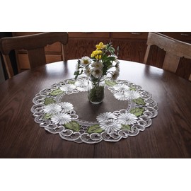 Linens, Art and Things Embroidered White Daisy with Green Leaves on Brown, Table Topper, Round Doily, Table Centerpiece (24 inch Round)