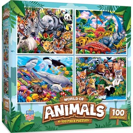 MasterPieces Jigsaw Puzzle Set for Kids, 4-Pack of 100 Piece Puzzles, Educational Animal Theme, Fun Game, Gift Idea, 8" x 10"