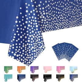MORAINJAY 4Pcs Dark Blue and Silver Dot Party Tablecloth,137x274cm Rectangle Disposable Table Cloth,Waterproof Plastic Confetti Table Cover for Picnic,Wedding, Birthday,Christmas Table Decorations