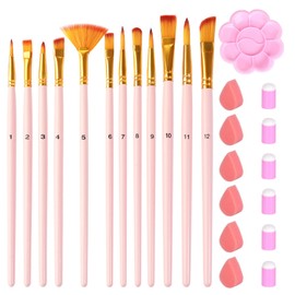 LuxDuo Paint Brushes Set 12 Pcs, Face Paint Brushes and Sponges Set Professional for Oil Watercolor, Miniature Detailing, Artist Paintbrushand, Rock Painting for Kids Adult(Pink)