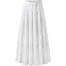 Genfien Skirt Women's Long Elegant Chiffon Skirts with Lining Elastic Waist Maxi Skirt Casual Casual Skirt Wedding Cocktail Skirt, White, L