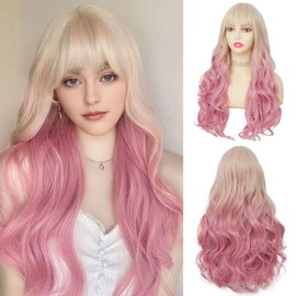 Salaibs Women's Blonde to Pink Curly Long Wig with Bangs Wavy Wave Ombre Pink 24 Inch Hair Wig Heat Resistant Synthetic Fibre Cosplay Wig