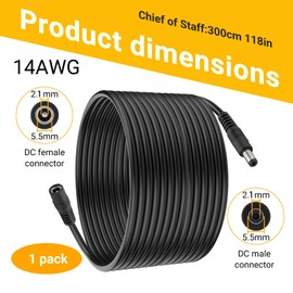 CENSHI 10FT 14AWG 12V/24V 5.5x2.1mm DC Power Extension Cable Male to Female
