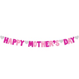 Happy Mothers Day Banner, Glitter Mother's Day Garland, Heart-shaped Rosy Red Pink Mother Banner for Mother's Day Hanging Party Supplies Home Decoration
