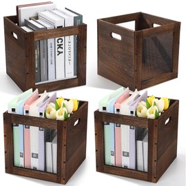 Colingmill 4 Pack Stackable Wood Storage Bins with Metal Wire and Handles 11 x 11 x 11 Inch, 22l Cube Vinyl Record Holder Wooden Storage Crate Basket for Shelve Fruit Vegetable Pantry Toy