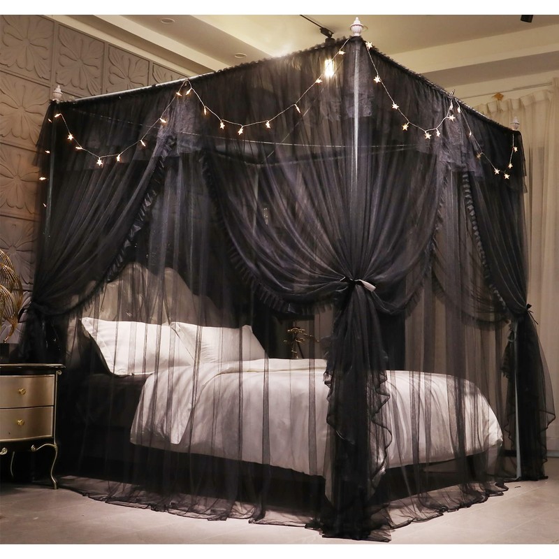 VETHIN 4 Corners Post Ruffle Princess Bed Canopy Curtain-Double Layer