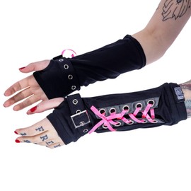 MIJOMA Poizen Industries 1 Pair of Arm Warmers Gothic Punk Navya Arm Warmers One Size Unisex, Black-Pink