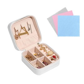 FuninCrea Jewellery Box for Women, Mini PU Leather Travel Jewelry Storage Case with 3pcs Silver Cloth for Rings Earrings Necklace, Portable Jewellery Box Organizer for Girl, Wife, Mother (beige)
