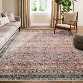 RELEANY Area Rug 8x10 Washable Rugs Vintage Farmhouse Neutral Rug for Living Room Bedroom Dining Room Entryway, Low Pile Non-Shedding Easy Clean Area Rug, Pink Brown