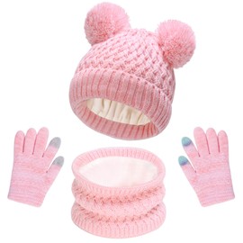LYDTICK Kids Winter Hat Scarf Gloves Set, Toddler Beanie with Double Pom Pom Fleece Lined, Touch Screen Mitten for Girls Boys, Pink