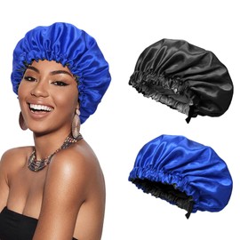 Euqvunn 2 Pezzi Cuffia Seta Capelli Notte, Regolabile con Ampia Fascia Elastica, Doppia Faccia a Due Colori Cuffia Seta Capelli Ricci, Adatto Protezione per Capelli Lunghi/Ricci (Nero Blu)